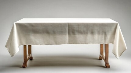 A simple isolated image of a clean white tablecloth covering a wooden table with no items. Generative AI