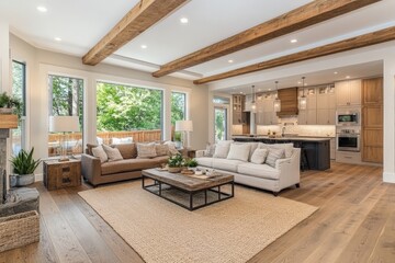 Fototapeta premium Modern living room interior design showcasing natural light and open space with elegant furnishings and wooden beams