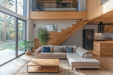 Modern living room interior in a wooden house with large windows and stylish furniture overlooking nature