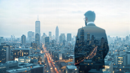 Fototapeta premium Businessman cityscape overlay. Urban professional contemplating future. City vision perspective.