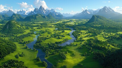 Obraz premium Serene valley landscape, meandering river, snow-capped mountains, idyllic scenery, travel poster