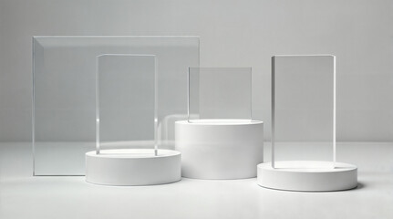 Clear acrylic blocks on white platforms. Modern product display. Minimalist presentation stage. Geometric shapes showcase.