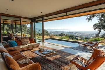 Obraz premium Modern living room with panoramic view of hills and a swimming pool during a sunny day