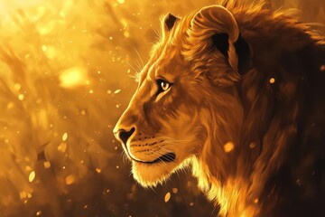 Naklejka premium majestic young male lion portrait in golden light, head turned sideways with intense gaze, ethereal bokeh background in warm tones, digital painting style with space for text