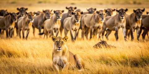 Fototapeta premium Lioness Relaxing in Golden Grasslands with Herd of Eland Antelope
