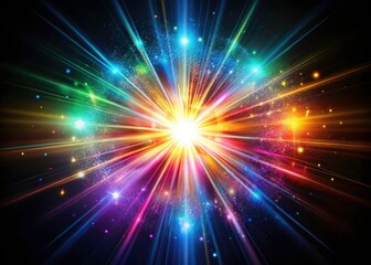 Iridescent starburst flares explode across a black backdrop, creating a dynamic, digital glare.