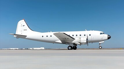Obraz premium White Retro Airplane on Airport Runway under a Clear Blue Sky