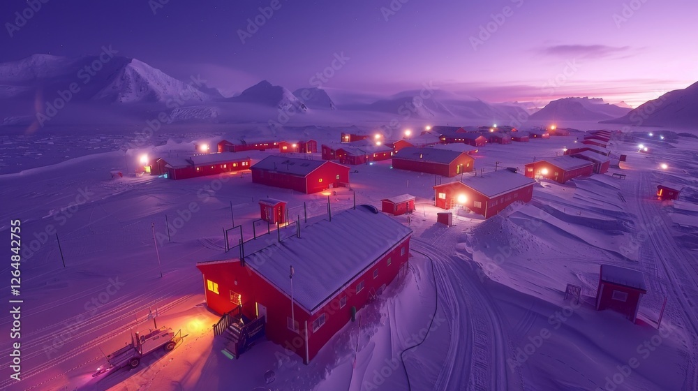 Poster the twilight sky casts a soft glow over a remote research settlement surrounded by snow covered moun