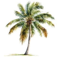 Coconut Tree in Watercolor Style with Tropical Green Leaves and Trunk, Isolated on transparent background 