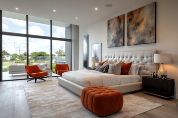 Modern bedroom design featuring large windows and contemporary furniture in a stylish residence