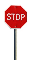 Classic Red Stop Sign - Isolated Image of Octagonal Traffic Sign with "STOP" Text on White Background.