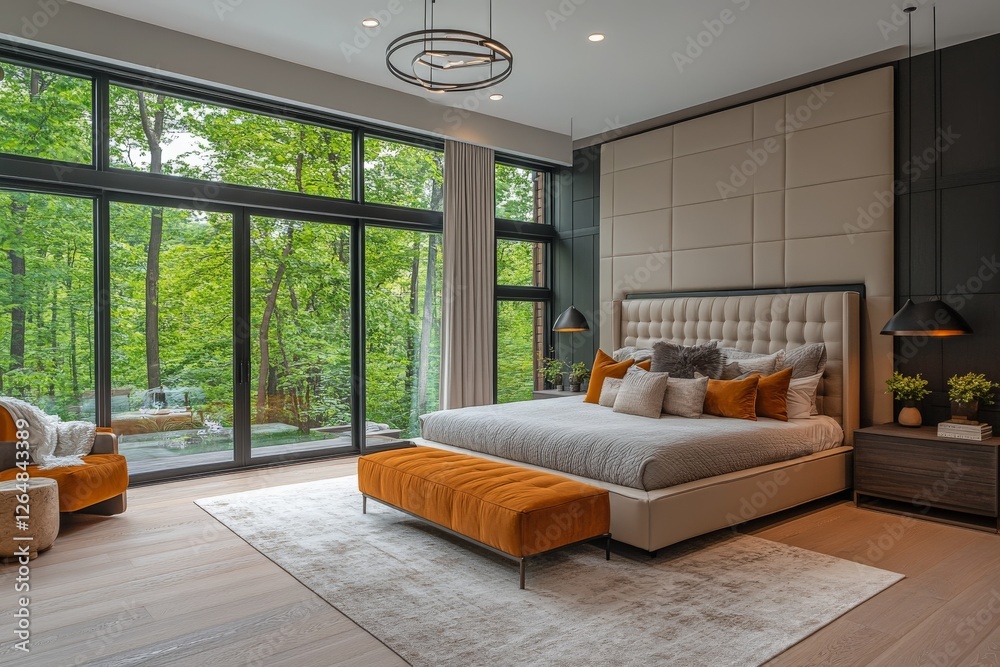 Aufkleber modern bedroom interior with large windows and forest view in a tranquil setting