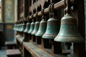Fototapeta premium A row of aged, weathered bells hangs from a rustic, antique metal frame, a quiet symphony of time and history