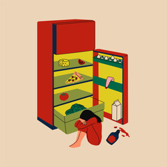 A woman sitting on the floor next to an open refrigerator with scattered food, showing an anxious expression. A representation of depression, stress, and the overwhelming burden of household duties