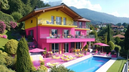 Obraz premium Pink yellow villa poolside mountain view luxury rental