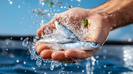 Fototapeta premium A Hand Gently Holding Fresh Fish with Splashing Water and Fresh Green Leaves
