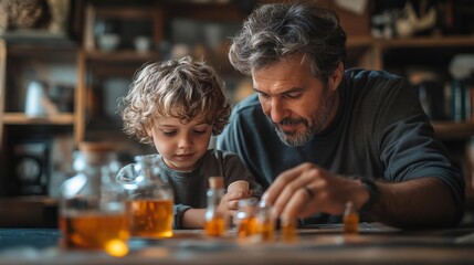 Father and Son Creating with Bottles and Liquids. Generative AI