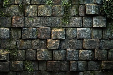 ancient medieval castle wall texture with weathered stones mosscovered irregular blocks deep mortar lines and subtle variations in gray and earth tones