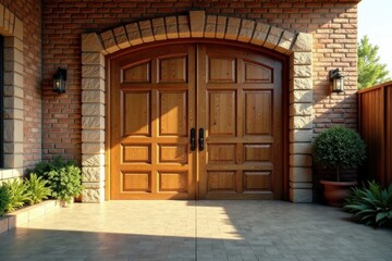 Warm Sunlight Illuminates Elegant Wooden Double Doors Set in a Brick Archway, Flanked by Lush Greenery and Outdoor Lighting