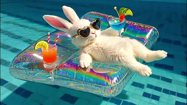 Cheerful bunny with glasses with cocktail and inflatable circle in pool