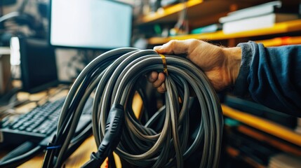 A Man's Hand Holding a Bundle of Coiled Computer Cables in a Workstation