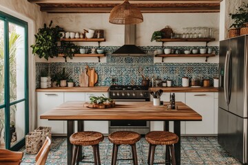 Beautiful modern kitchen with rustic elements showcasing a wooden dining table and vibrant tile work in a cozy space