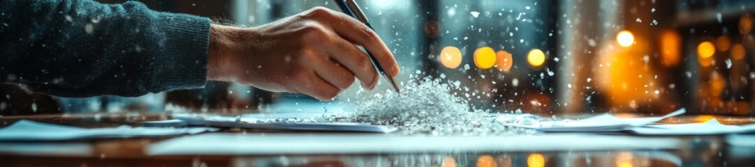 Fototapeta premium Hand Scraping Snowflakes from the Desk in an Indoor Setting. Generative AI