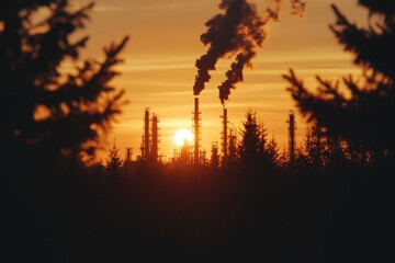 Sunrise over industrial smokestacks emitting smoke against orange sky for energy theme