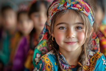 Fototapeta premium Generative ai portrait of a small child in a diverse classroom setting emphasizing age diversity and inclusion