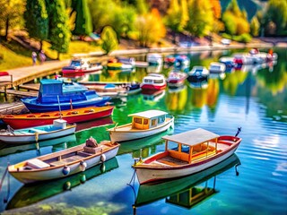 Obraz premium Miniature lake boats, idyllic summer vistas, tilt-shift photography captures tiny toy boats in scenic lakeside settings.
