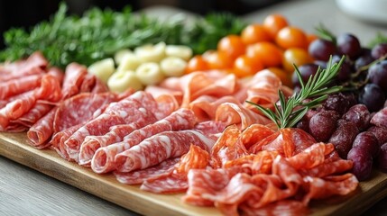 Delicious assortment of gourmet deli meats and fresh ingredients on a wooden platter with vibrant colors. Generative AI