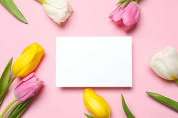 Beautiful fresh tulips with white paper card on color background