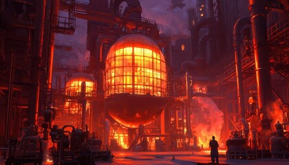 Obraz premium Worker surveys the factory floor with large glowing spheres in a dim, orange light