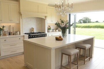 Fototapeta premium Bright and inviting kitchen with modern design and elegant decor featuring a spacious island and open doors to nature