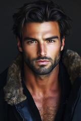 Fototapeta premium photo of a young Mediterranean man with tanned skin, chiseled jawline, and tousled dark brown hair, gazing intensely at the camera. His facial features are strong and well-defined 