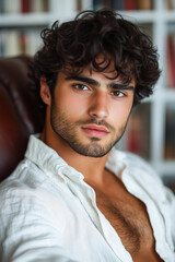 Fototapeta premium photo of a young Mediterranean man with tanned skin, deep brown eyes, and naturally curly dark hair, sitting comfortably in a leather armchair. He has sharp facial features, a well-groomed light beard