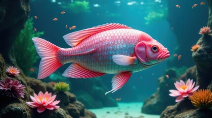 A Vibrant Pink Fish Gracefully Swims Amidst Underwater Flora and Fauna in a Serene Aquatic Habitat
