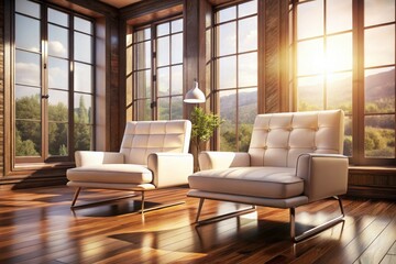 Modern brown loft living room, crisp white leather armchairs, high-DOF 3D render.