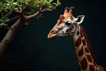Obraz premium A Gentle Giant's Profile A young giraffe gazes serenely, its spotted neck elegantly curved, near a small tree with vibrant green leaves against a deep, dark background.