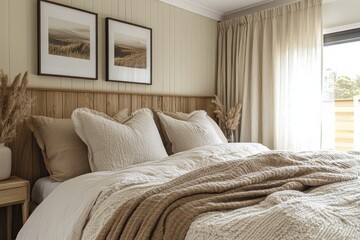 Stylish bedroom with natural light and minimal decor featuring soft bedding and curated art above the headboard