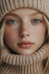 photo of a young European woman with fair skin, blue eyes, and delicate freckles, gazing directly into the camera with a serene and confident expression.  