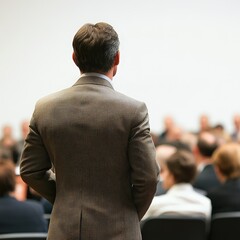 Businessman standing with his team in front of the office on a city street