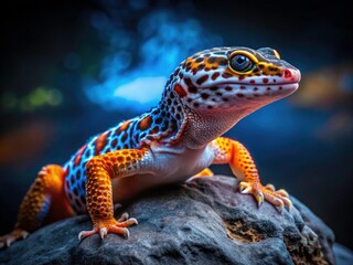 Fototapeta premium Night's vibrant leopard gecko, perched on a stark white rock, glows under the camera's watchful eye.