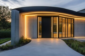 minimalist architectural masterpiece featuring a matte black curved door with geometric led lighting insets, frosted glass sidelite panel, floating concrete entrance