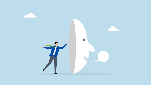 Dishonesty, 4k animation of deceitful entrepreneur concealing face behind mask feigning dishonesty 