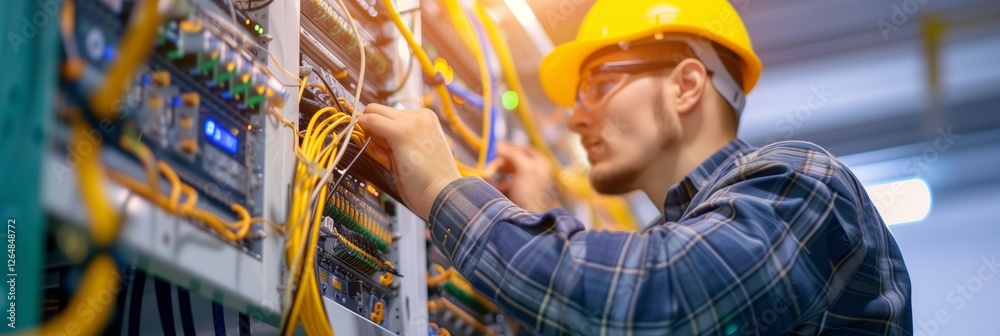 Wall mural electrician and engineer work on an electrical circuit with many cables for communication and data t