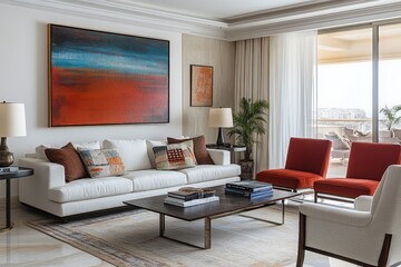 Fototapeta premium Modern living room featuring vibrant artwork and stylish furnishings with a view of the city skyline