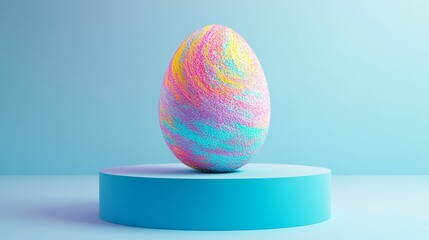 Obraz premium Colorful Abstract Egg on Round Display Against Soft Blue Background