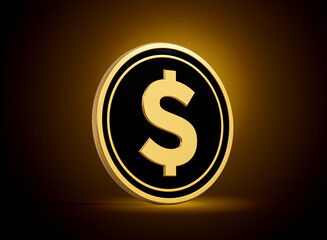 Golden And Black Rounded United States Dollar Coin On Shiny Golden Glow Background 3d Illustration
