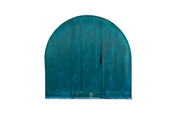 Wide circular wooden doors transparent in blue-green color with arched top, black handle and lock, featuring a central opening while the side sections remain fixed